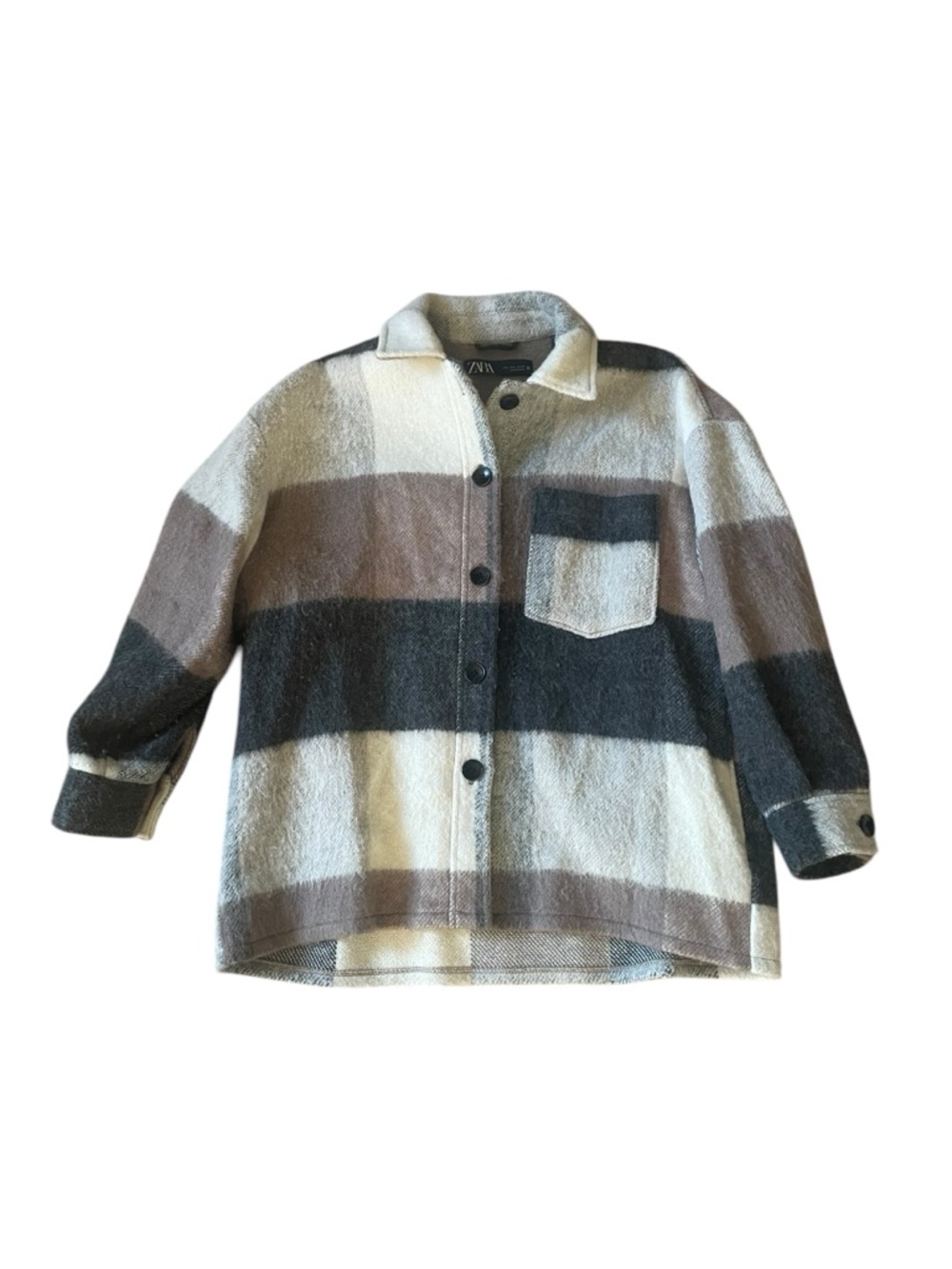 Zara Wool Blend Fringe Shacket Plaid Jacket Oversized Tan Grey Large